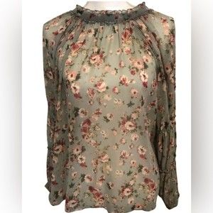 Zara Light blue floral top Size Medium Long Sleeve Sheer High Neck Coquette Boho